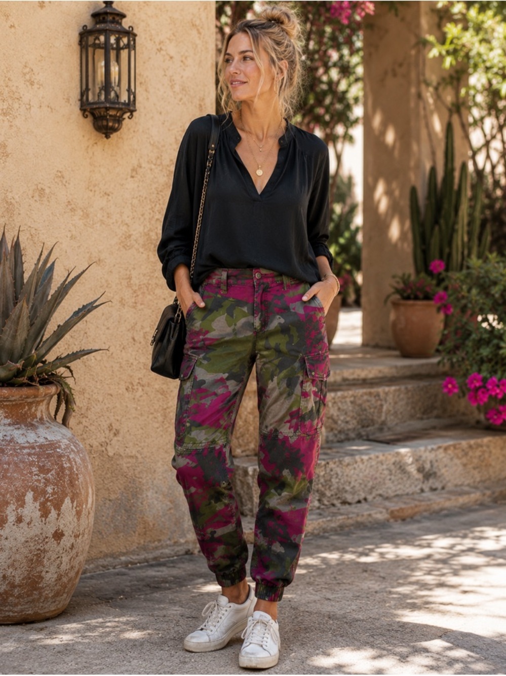 Marrakech Silky Cargo Pants 31 Pink Green Camo Utility Autumn Boho